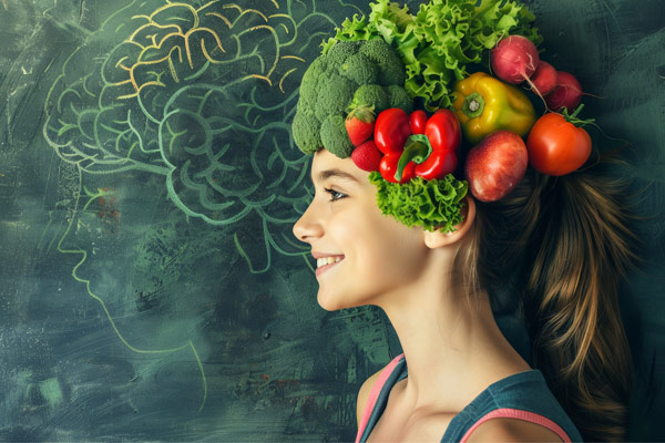 girls with brain made out of fruits and vegitables