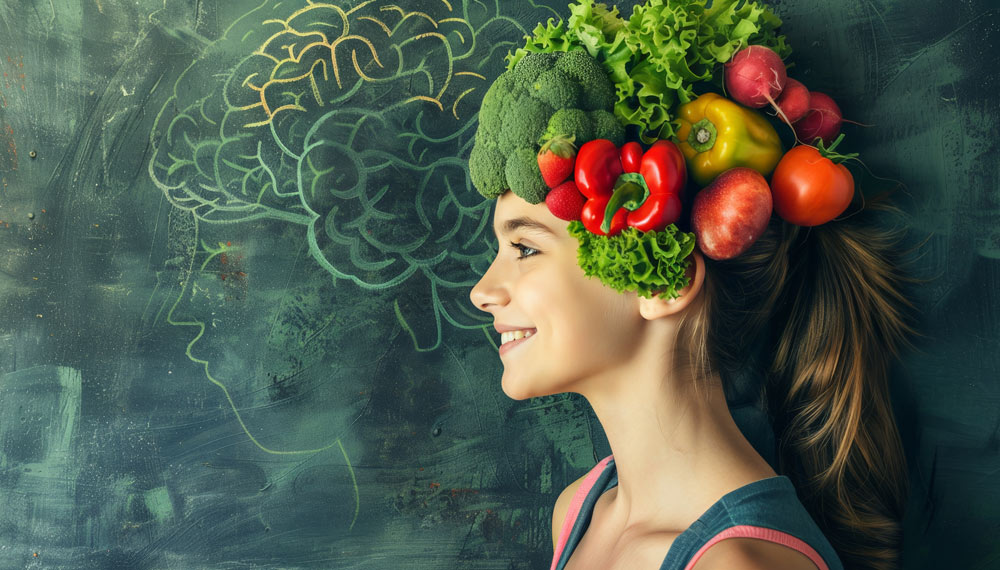 teenage girl with vegetables and fruit as a brain